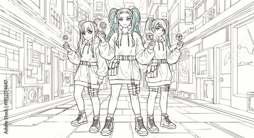 Three anime girls in casual streetwear holding lollipops in a city alleyway illustration, line art