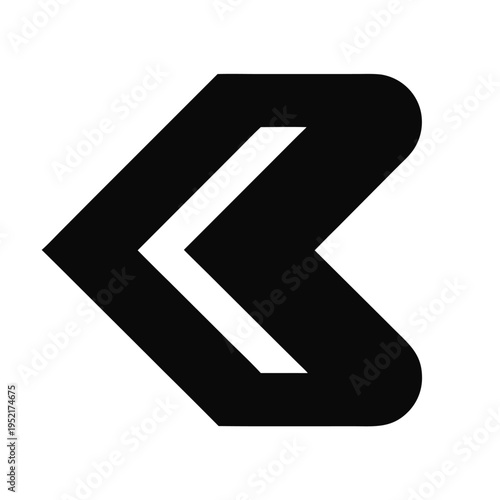 A minimalist black and white graphic icon featuring a bold chevron arrow pointing to the left side