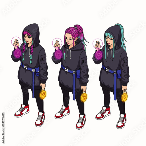 Three diverse women in stylish streetwear holding weights and dumbbells, isometric illustration