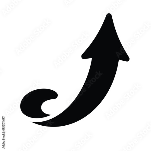 A bold black silhouette of a curved arrow pointing upwards isolated against a plain white background
