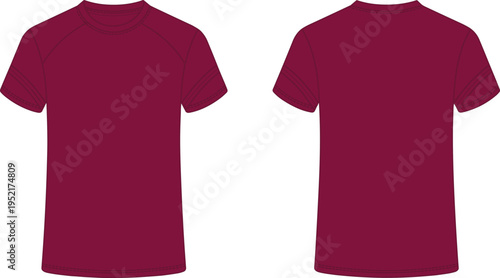 Front and back view of a plain maroon short-sleeved t-shirt with raglan sleeves and double-stitched hem and cuffs