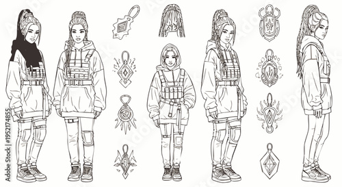Detailed line art character design sheet of a young woman in modern fashion, showcasing various poses and streetwear outfits, with additional decorative elements for creative projects.