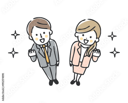 ガッツポーズするビジネスマンとビジネスウーマン