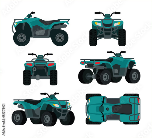 Set of Teal All-Terrain Vehicles (ATVs) from Multiple Perspectives