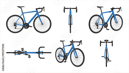 Collection of Blue Road Bicycle Views: Side, Front, Rear, Top, and Angled Perspectives