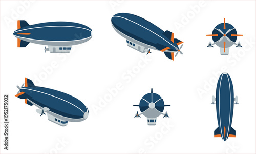 Set of stylized airship illustrations from multiple perspectives, featuring blue and orange color scheme.