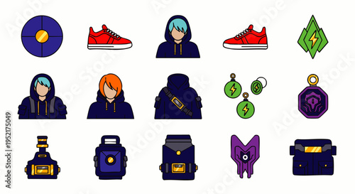 Collection of Retro Pixel Art Video Game Icons Featuring Fantasy RPG Elements Like Potions, Characters, Weapons, Armor, and Accessories for UI/UX Design