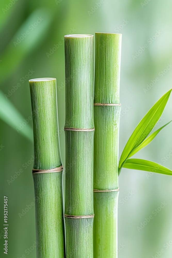 Fototapeta premium Fresh Green Bamboo Stalks with Bright Leaves in Soft Focus Background of Natural Environment