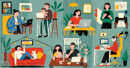 Diverse people working remotely with laptops and devices in cozy home settings vector illustration