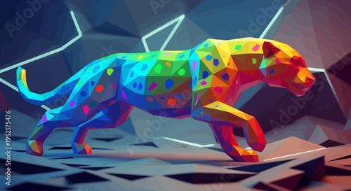 Colorful geometric dog walking forward fast.