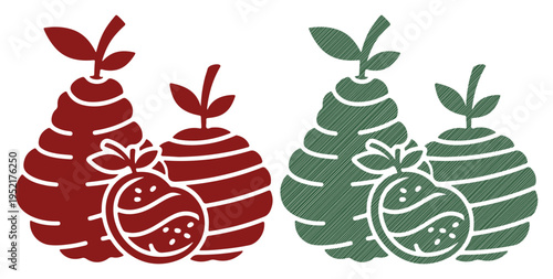 Stylized fruit illustrations in red and green, featuring pears and oranges
