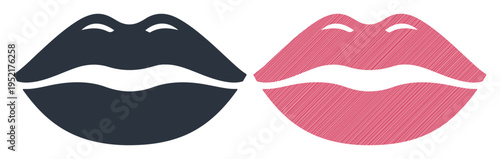 Two stylized lips, one dark gray and one pink, facing each other as if about to kiss.