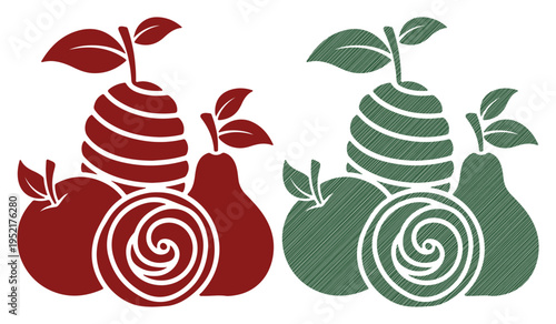 Stylized collection of fruit illustrations in red and green tones