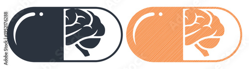 Two pills with half a brain inside, symbolizing mental health treatment or cognitive enhancement.