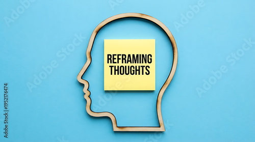 A wooden outline of a human head with a yellow post-it note inside that reads reframing thoughts on a blue background