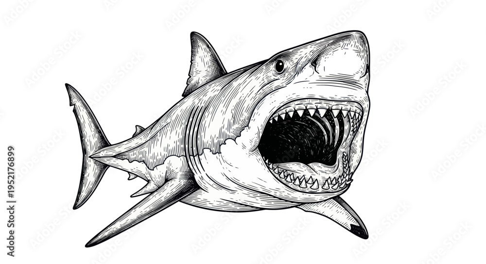 Fototapeta premium Aggressive Great White Shark Illustration with Open Mouth and Sharp Teeth