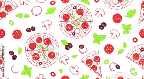 Seamless Pizza Pattern with Pepperoni, Mushrooms, Olives, and Basil