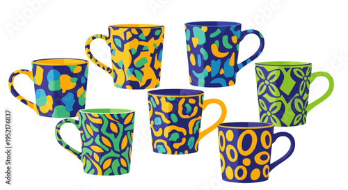 Vibrant Ceramic Mugs with Abstract Patterns, Set of Colorful Coffee Cups