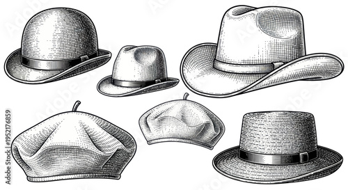 Vintage Hats Collection: Fedora, Cowboy, Bowler, Beret, Panama Hat - Sketch Style