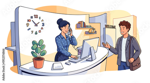 Receptionist Client Talking Greeting Customer Service Support Flat Design Pastel Vector Art