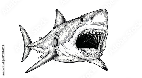 Aggressive Great White Shark Illustration with Open Mouth and Sharp Teeth