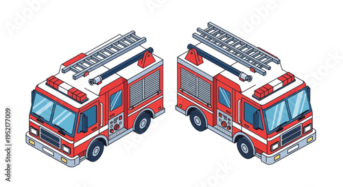 Isometric Fire Truck Duo: Red Engine with Ladder, Emergency Vehicle Illustration