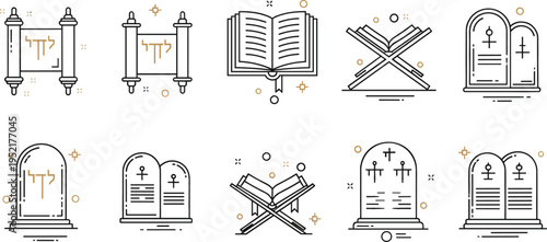 Religious line icons set with Torah scrolls open book tablets and sacred symbols, faith and spirituality outline collection vector illustration pack