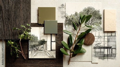 Mood board with green leaves and architectural sketches on textured background