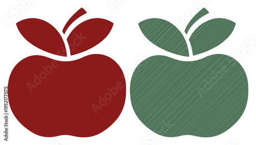 Two stylized apples, one solid red and one green with a textured finish, side by side.