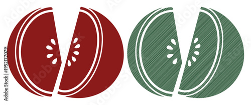 Two sliced fruits, one red and one green, on a white background.
