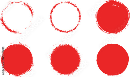 Set of 6 Red Grunge Circle Frames and Distressed Round Shapes Vector Collection