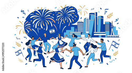 Israeli People Group Dancing in a Circle with Flags and Fireworks, Celebrating National Holiday and Community Unity, Modern Flat Vector Art in Blue and Gold, Isolated on White.