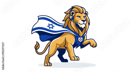 Lion Mascot with Headset, Israel Flag Cape, Star of David for National Support, Communication, Patriotism. Cartoon Vector, Blue Gold Flat. Isolated on White Background.