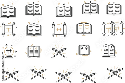 Religious icons collection with Torah scrolls sacred books stone tablets and symbols, faith spirituality outline set for worship and tradition vector illustration