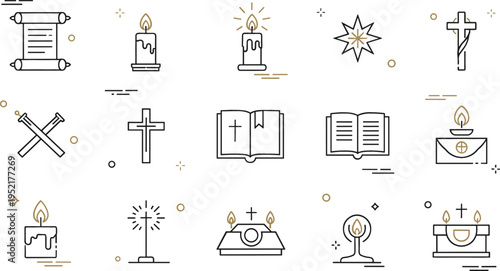 Christian religion icons set with cross bible candles star and church symbols, faith and worship outline collection vector illustration pack