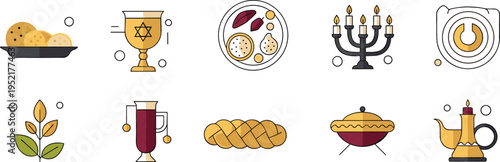 Jewish holiday food and ritual icons set with challah wine menorah and ceremonial symbols, traditional culture collection vector illustration pack
