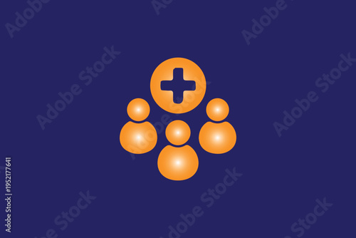A graphic design showing four orange circular human figures grouped below a medical plus symbol icon Vector