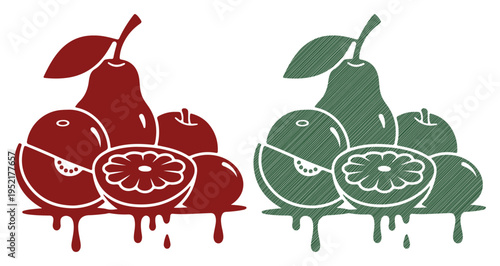 Vibrant fruit illustration with dripping juice in contrasting colors