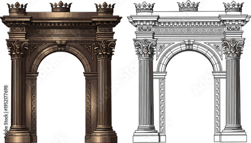 Ornate classical triumphal arch vector detailed baroque columns decorative capitals vintage engraving line art historic architecture monument facade illustration set design