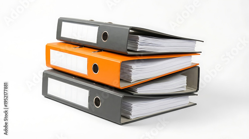 Three stacked binders in black and orange with labeled spines and filled with white papers on a plain white background