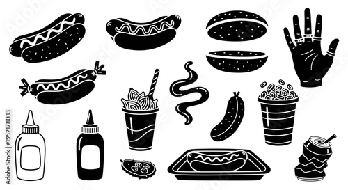 Collection of stylized black and white graphic elements representing hot dogs condiments and side dishes in a playful