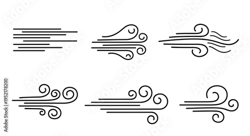 Six stylized abstract illustrations depicting wind flow and air currents with swirling patterns and linear motion