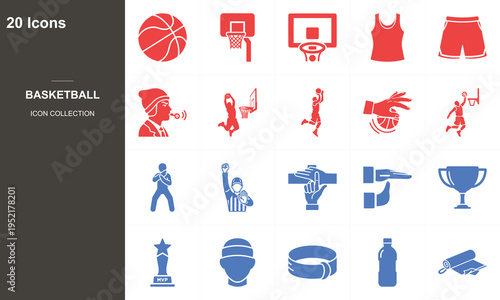 20 flat design basketball sports icons set with equipment and competition elements on dark background