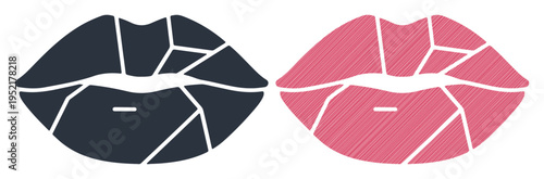 Abstract representation of two lips, one dark and one pink, with geometric cracks