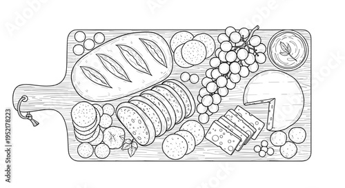 Artistic sketch of a rustic charcuterie board overflowing with artisanal bread cheese grapes and olives presented