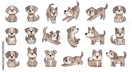 Collection of adorable cartoon puppies in various playful poses showcasing different breeds and expressions perfect