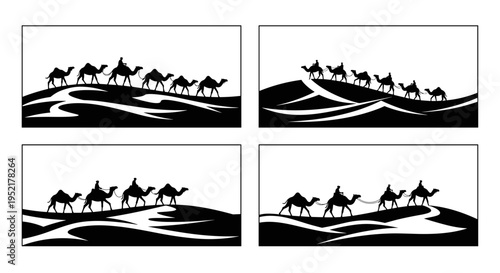 Silhouette caravan of camels walking across desert sand dunes under a clear sky symbolizing travel and adventure