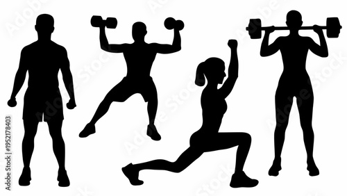 Black silhouettes of four people exercising with dumbbells in various fitness poses on white background