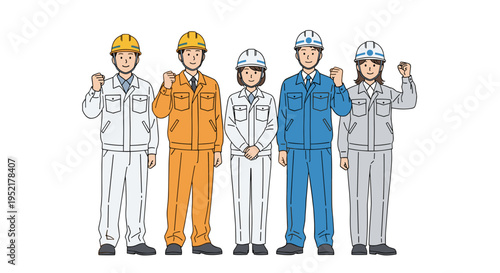 Diverse team of construction workers in safety gear raising fists in unity and success isolated on a white background