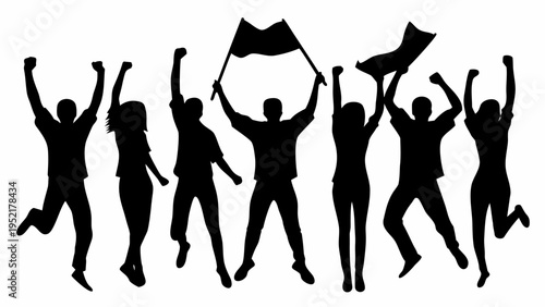 Black silhouettes of people jumping and celebrating with flags in air on white background